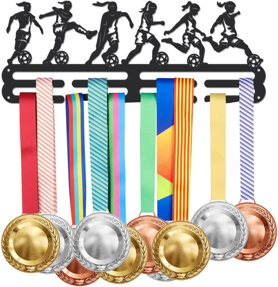 Voetbal Medaille Hanger - Sport Display Rek - Medailles Tonen - Twee Rijen Capaciteit - 42cm Breed - Zwart