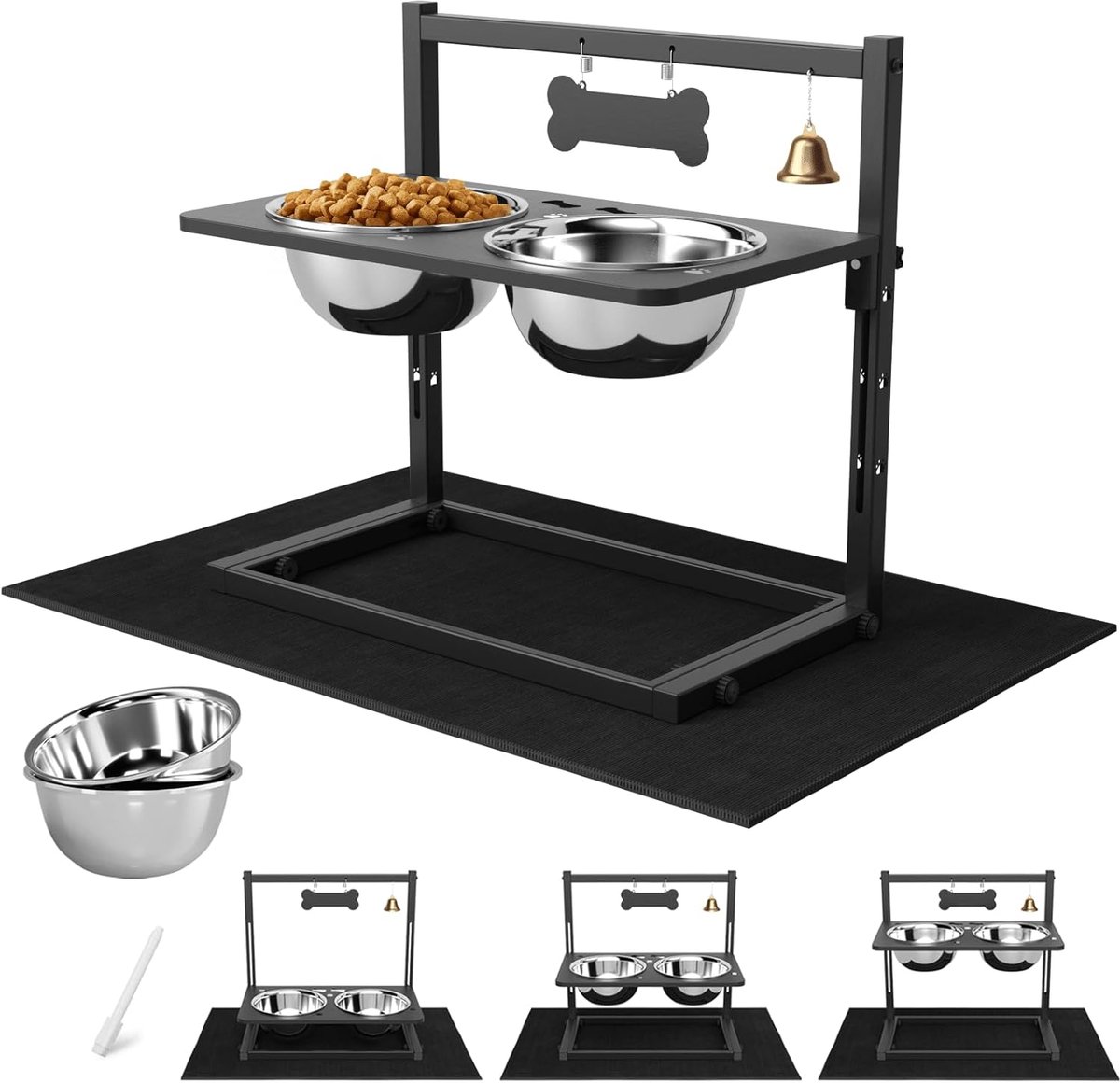 Verhoogde Hondenbakken - Verstelbare Voerstandaard - Gezond Eten - Inclusief Anti-mors Mat - 52x41x45 cm - zwart