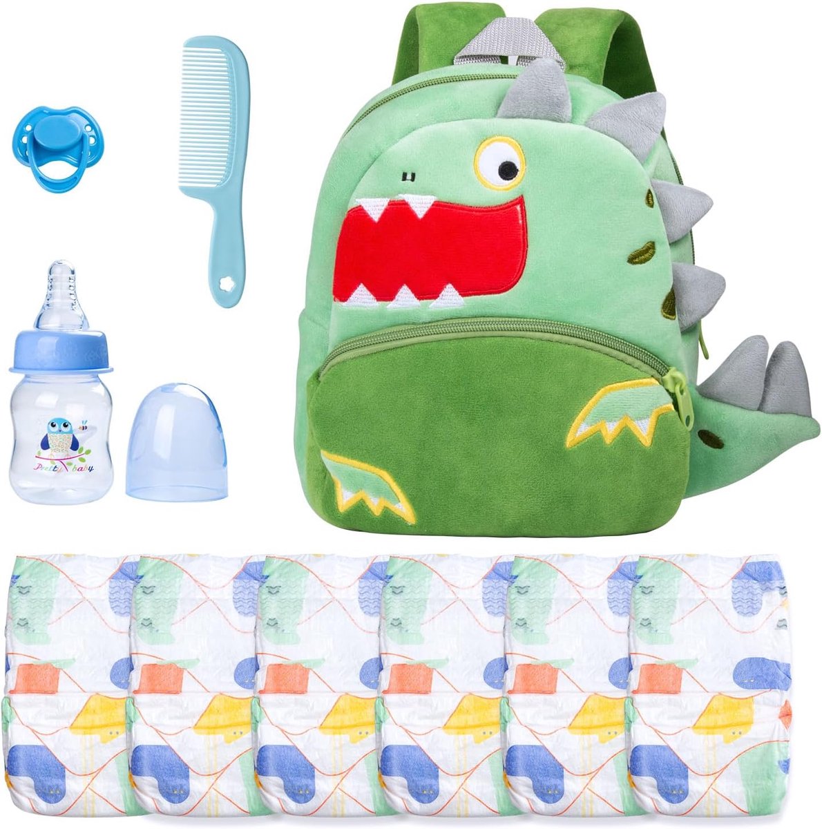 Babypop Verzorgingsset - Poppen Accessoires - Poppen Verzorgen - 10 Delige Dino Set - 17-24 Inch Poppen - Groen