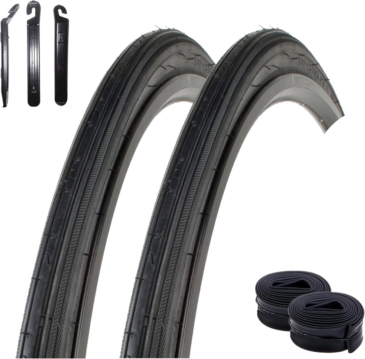 Fietsbanden Set - Banden en Binnenbanden - Fietsen Onderhoud - Compleet met Bandenlichters - 27 x 1 1/4 - Zwart
