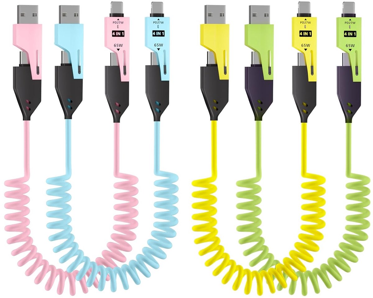 4-in-1 Laadkabel - Multi Kabel - Snel Laden - Opgerold Siliconen Ontwerp - 12 m - Kleurrijk