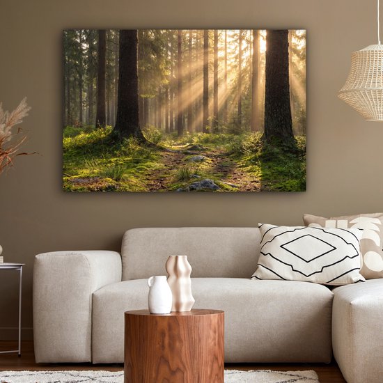 Een woonkamer met een canvas schilderij van een bos met zonlicht op een pad. De muur is olijfgroen, naast de beige bank staat een bijzettafeltje.