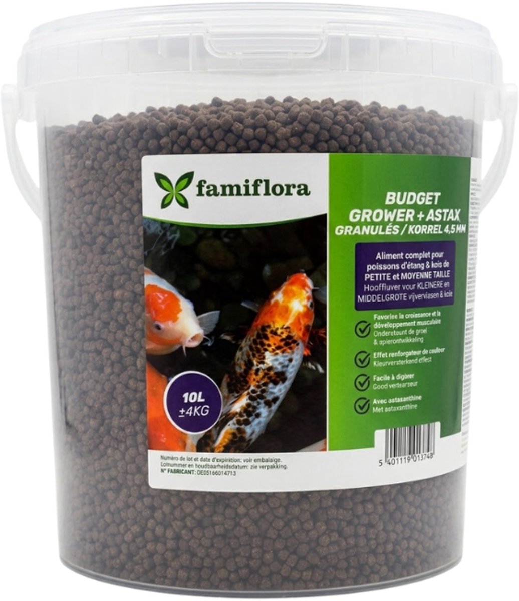 Famiflora Grower Astax 4,5 mm - Vijvervissen & Koi - 10 Liter (ca. 4KG) - Korrelgrootte van 4,5 mm - Bevat astaxanthine - Ondersteunt groei en spieren