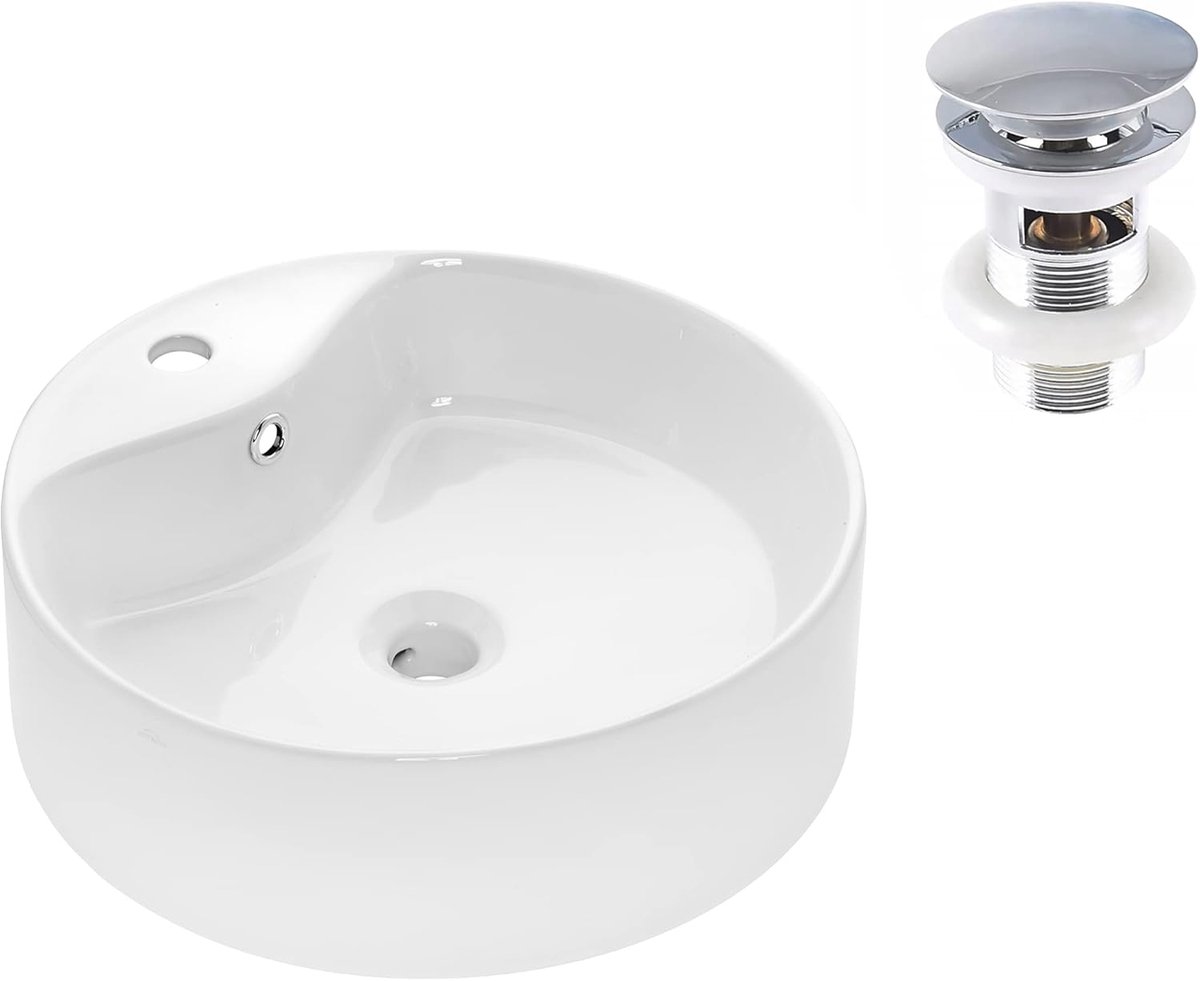 Keramiek Wastafel - Opzetwastafel Gastentoilet - Badkamer Inrichting - Pop-up Afvoer - 41 cm Ovaal - Wit