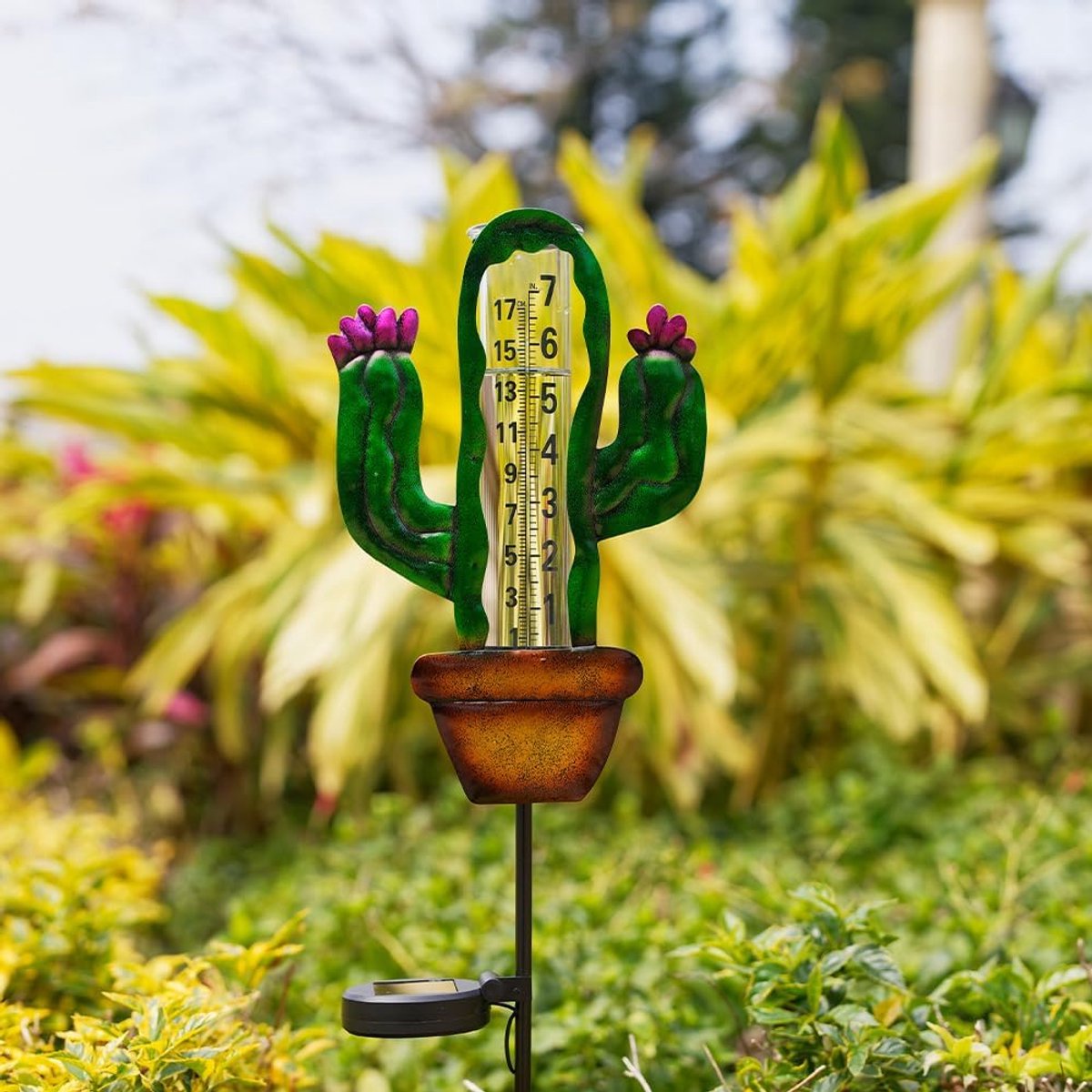 Zonne regenmeter - Neerslag meter - Tuin meten - Decoratieve cactusvorm - 7 inch buis - Metaal