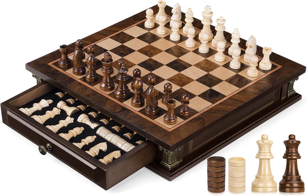 Houten Schaken Set - Strategie Spel - Familie Spelletjes - Magnetisch & Inclusief Opbergvakken - 32cm - Natuurlijk Hout