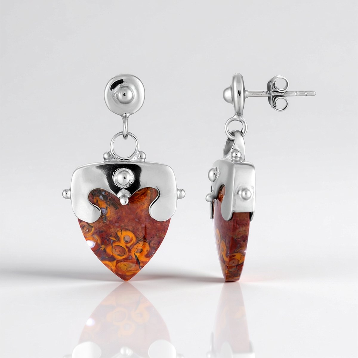 Cavill - Zilveren Oorbellen - 925 Sterling Zilver Verzilverd - 14 Karaat Versteend Palmhout - Hartvormig - Elegante Oranje Accent