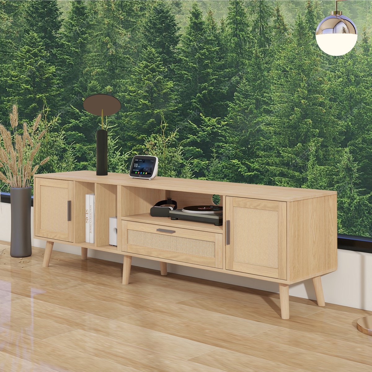 MODENUIT Tv-meubel - Met Rotan Deuren En Lade - Met Kabeldoorvoer Voor Woonkamer - Spaanplaat Eikenkleur - 180 Cm Naturel