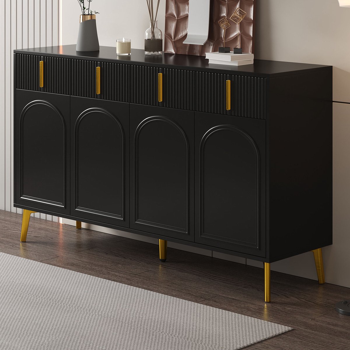 MODENUIT Dressoir - 4 Deuren En 4 Laden Met Goudkleurige Grepen - Voor Woon- En Eetkamer - MDF - 140x38x82 Cm - Zwart