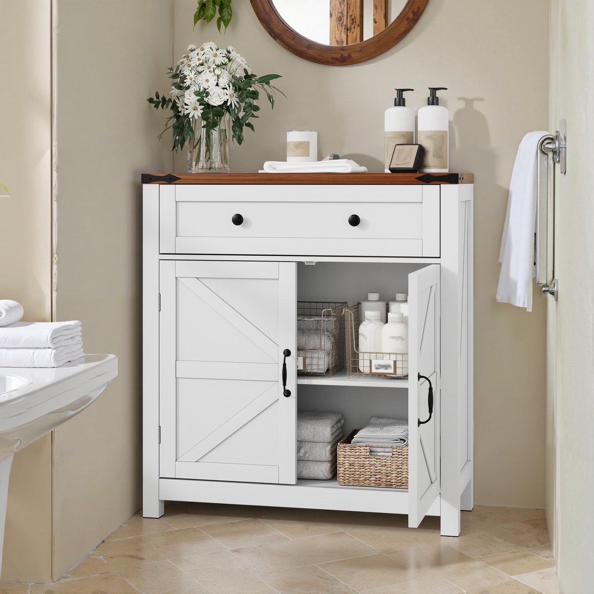 MODENUIT Opbergkast - Met Lade En Verstelbare Plank - Voor Keuken En Hal - MDF Wit Met Walnootkleur - 76x30x83 Cm