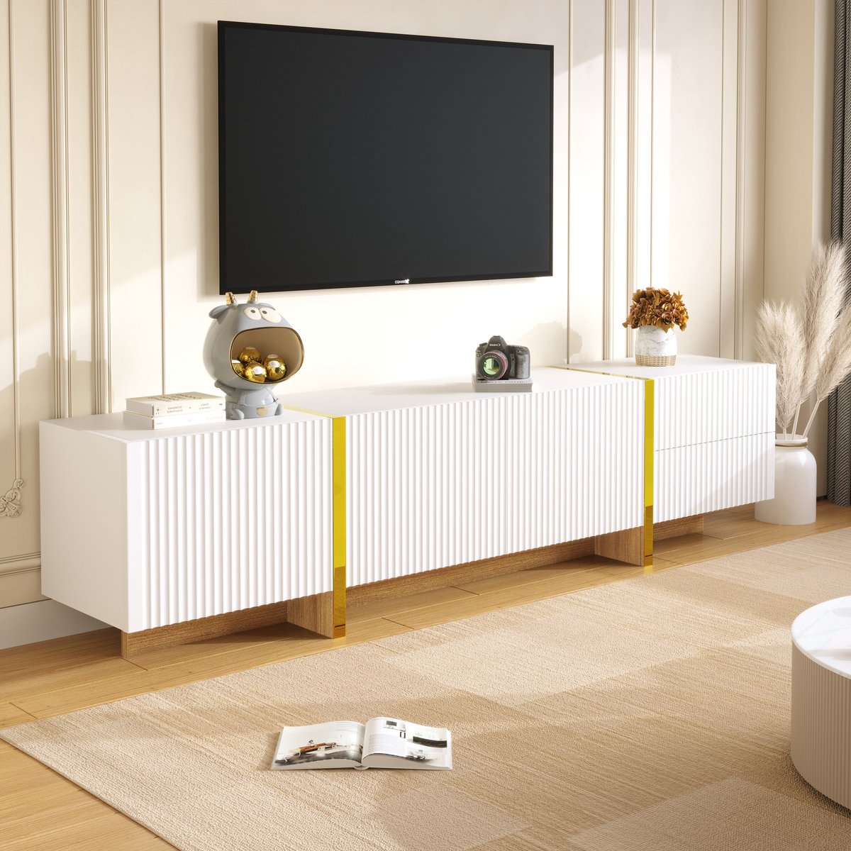 MODENUIT Tv-meubel - 3 Deuren En 2 Lades - Voor Woonkamer - MDF En Spaanplaat Wit Goud - 190x35x45 Cm