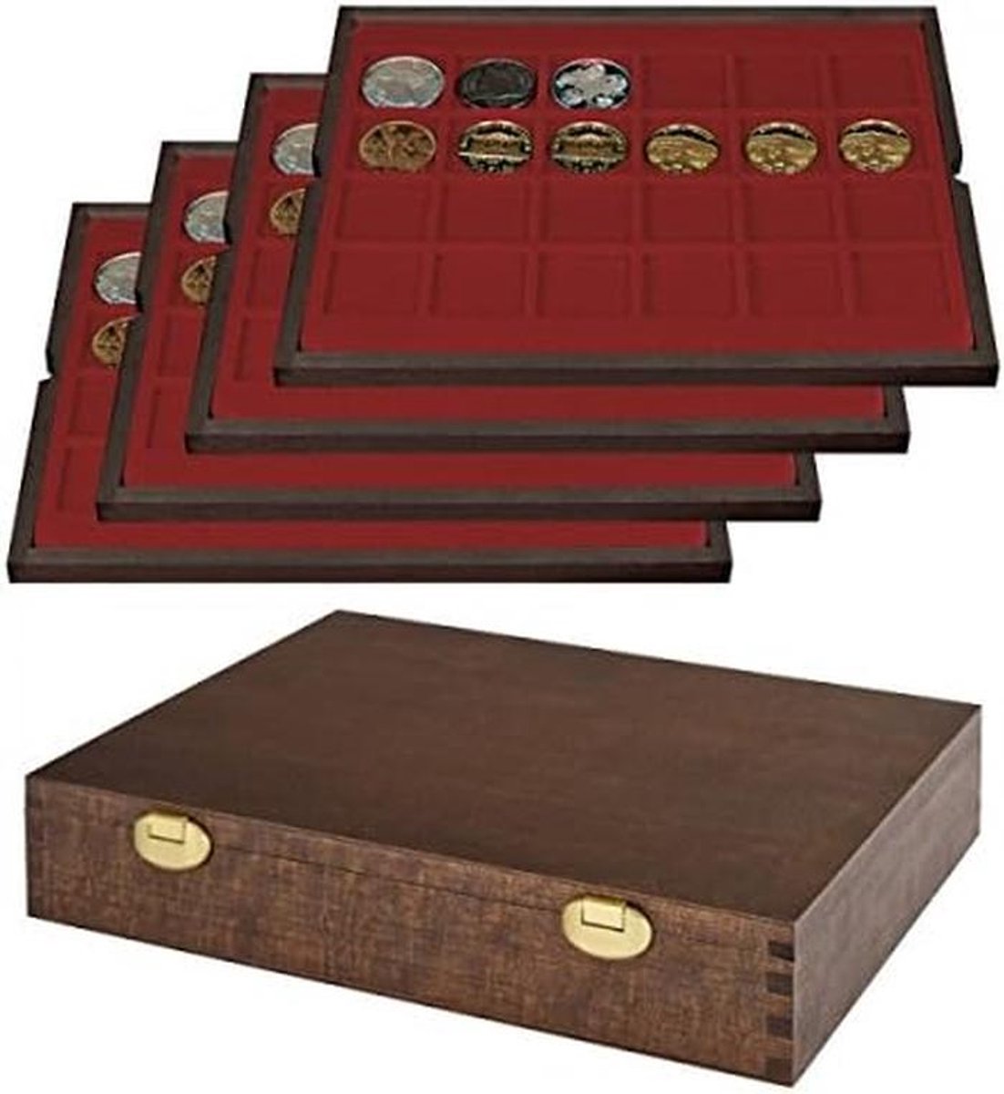 Houten Muntkoffer - Muntcassette - Munten Opbergen - 4 Lades - 323 x 265 x 61 mm - Donkerhout