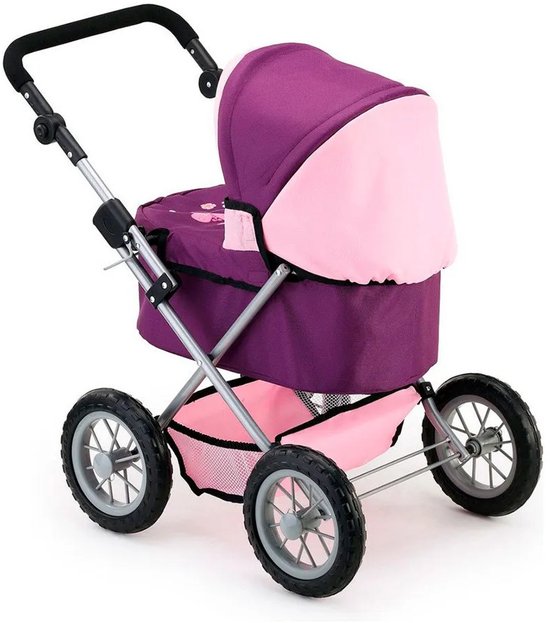 Paarse poppenwagen met roze kap en mandje, met vier wielen.