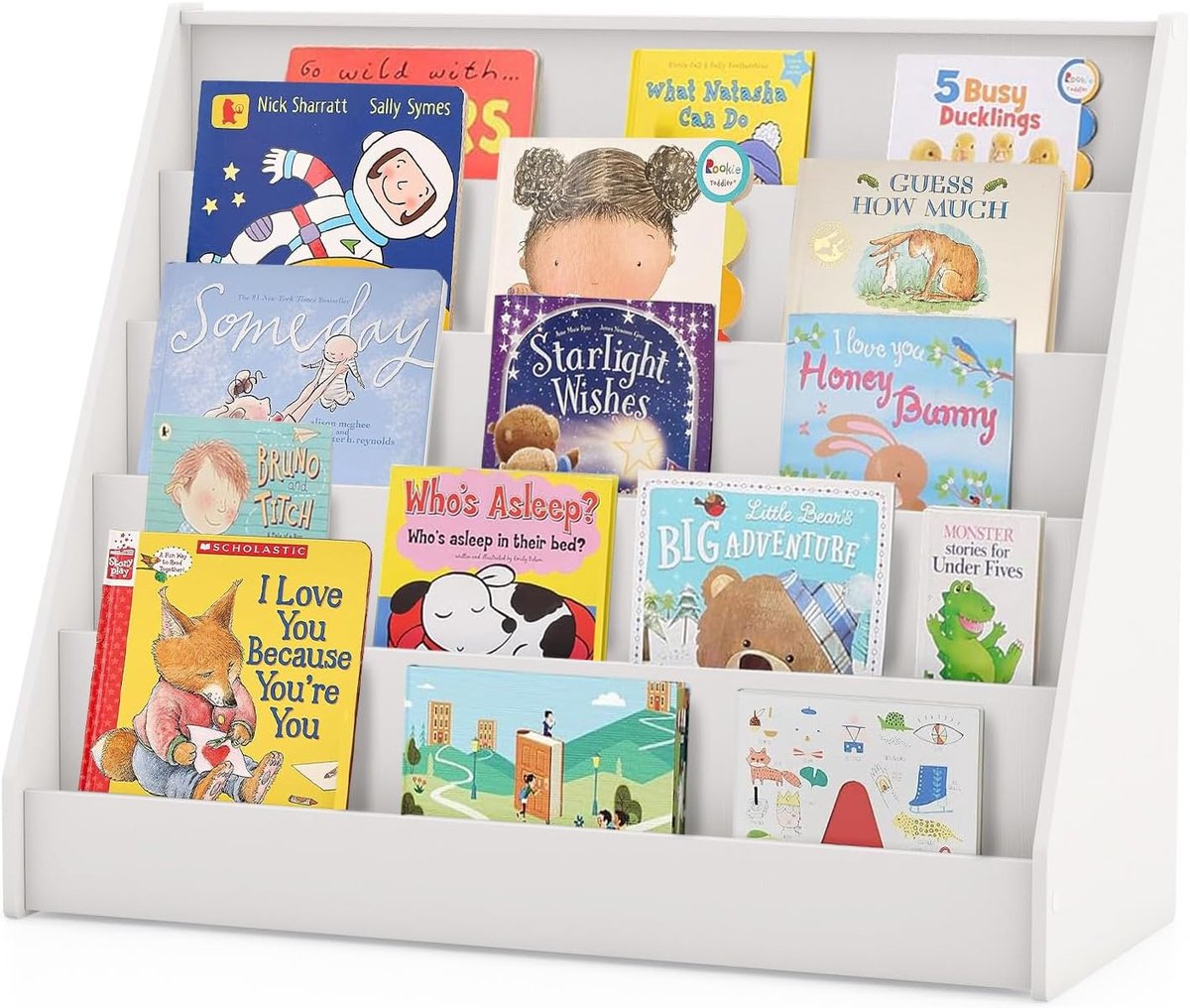 KOMFOTTEU Kinderboekenkast, 5-delige kinderboekenkast met diepe vakken, Montessori-kinderboekenkast, krantenrek, opbergrek, kinderboekenkast