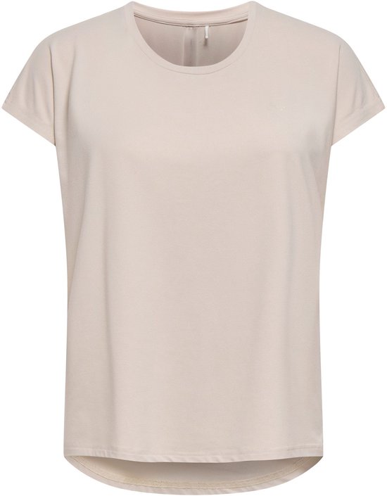 Beige sportshirt met korte mouwen, ronde hals en licht uitlopende zoom. Logo op linkerborst.