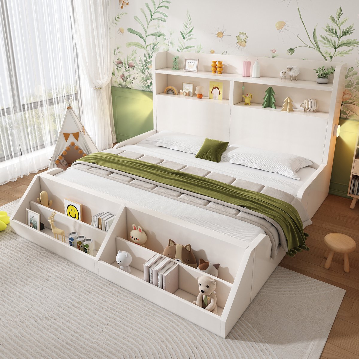 Merax Tweepersoonsbed 140x200 cm - kinderbed met opbergrek - nachtlampje - afneembare boekenplank - wit - zonder matras