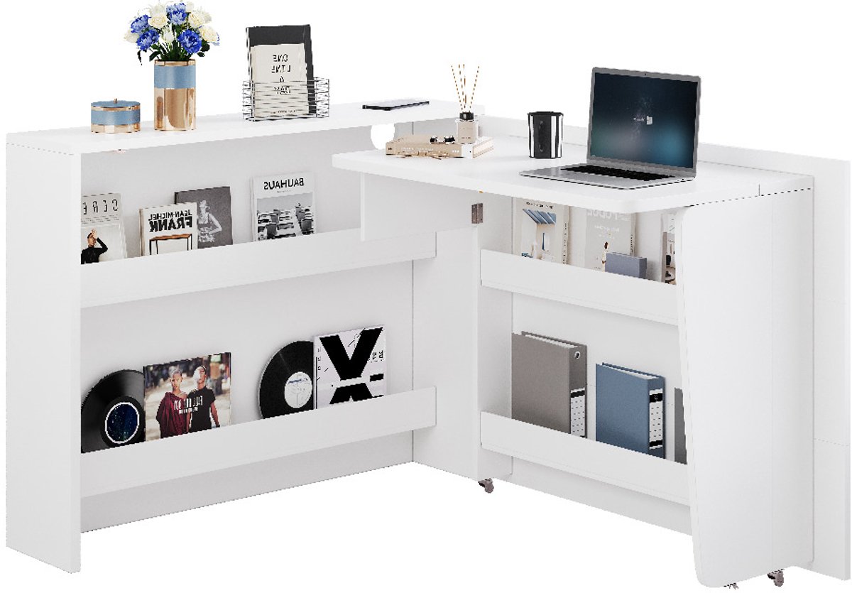 Aafinity Opklapbaar Bureau Met Wielen En Draadloze Oplader – Wit Dressoir – Dressoirkasten – Kastorganizer – 2-in-1 Tafelblad 115×27×93 Cm — cadeau in Cadeau-ideeën - foto 8
