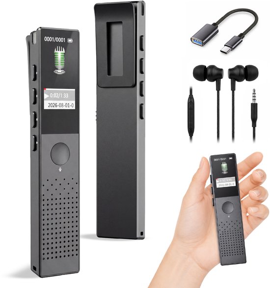 Zwarte UPLY digitale voice recorder met clip, oordopjes, USB-C adapter en een hand die het vasthoudt.