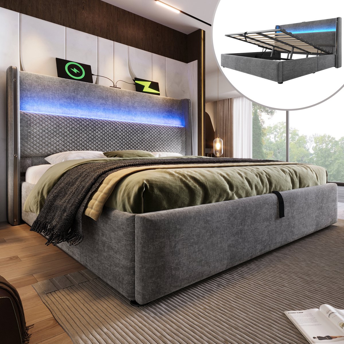 MIVRAY Gestoffeerd Bed 180x200cm Zonder Matras - Hydraulische Opbergruimte Met Ledverlichting En Usb En Type C - Linnen - Grijs