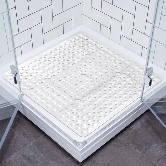 Witte antislip douchemat met zuignappen, geplaatst in een moderne douchecabine met witte tegels.