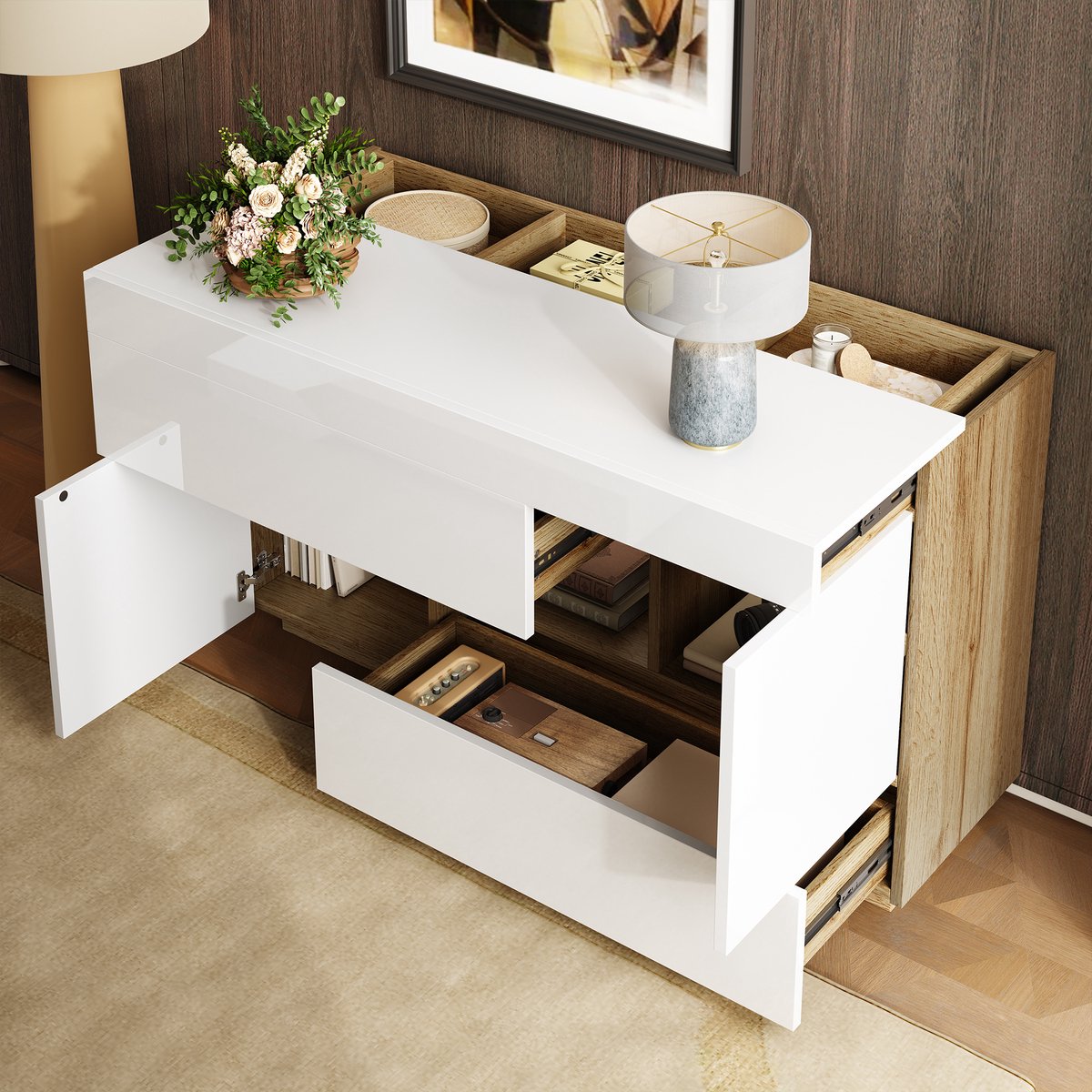 MIVRAY Dressoir - Tweekleurig Design Met Ledverlichting En Veel Opbergruimte - Voor Woonkamer En Eetkamer - Spaanplaat - Wit - 120x37x76,5 Cm