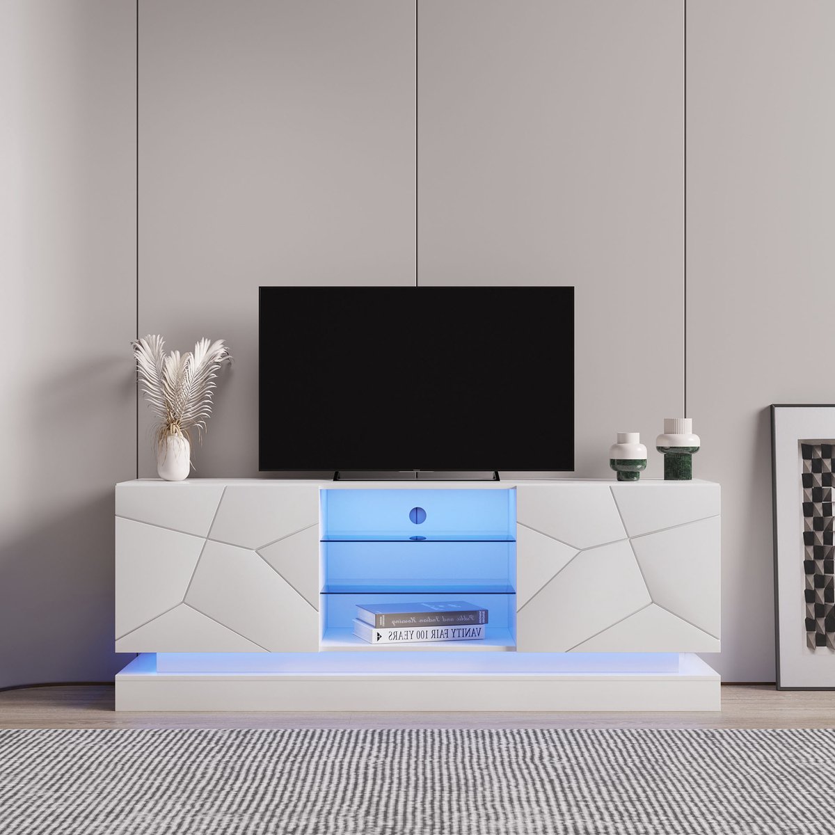MIVRAY Televisiemeubel - Matte Kast Met Verstelbare Glazen Plank En Stille Scharnieren - V