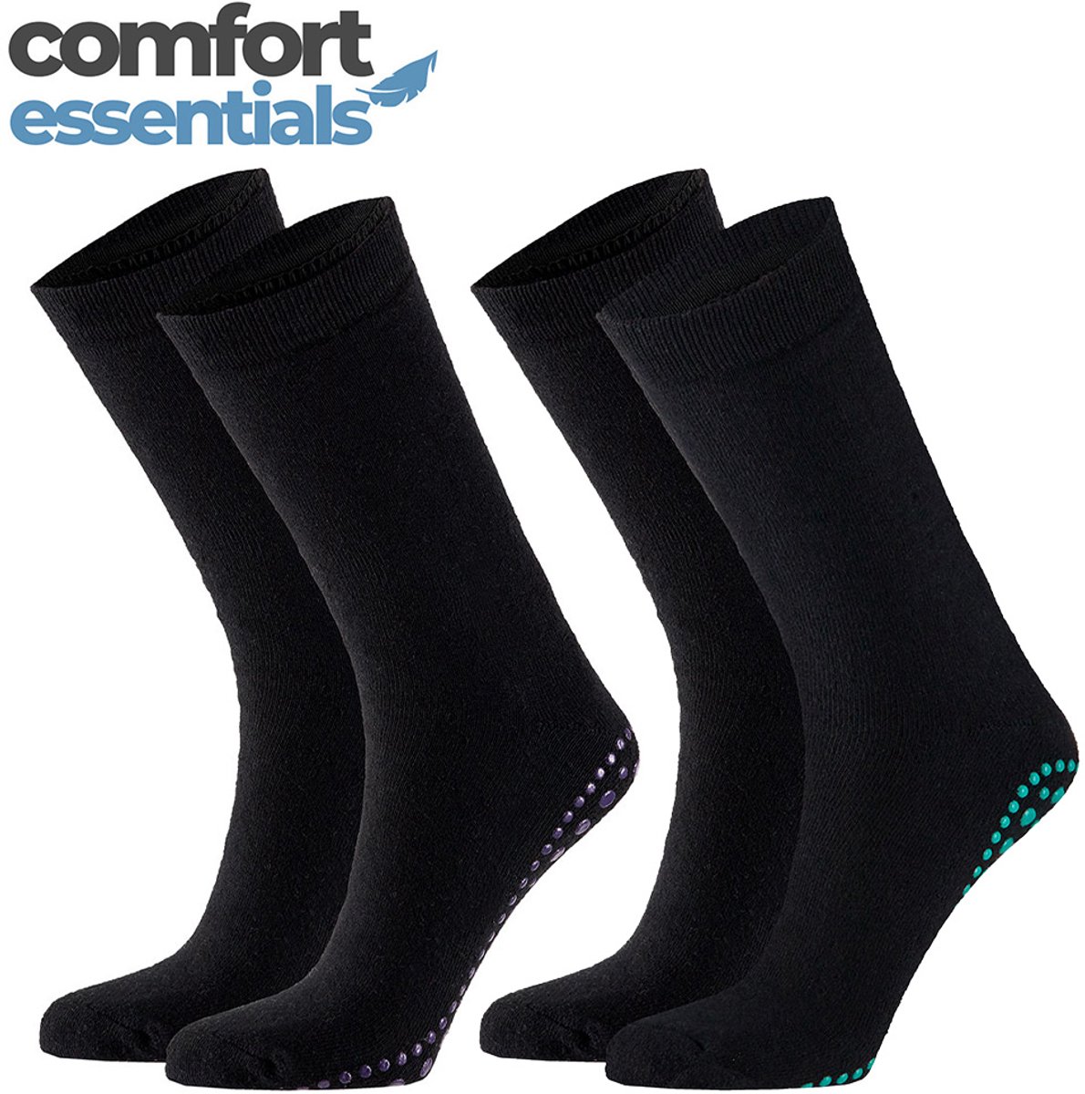 Comfort Essentials Antislip Sokken Dames - Zwart - Maat 35-42 - 4 Paar - Gripsokken - Huissokken Antislip - Dikke Warme Badstof Zool - Ziekenhuis Sokken