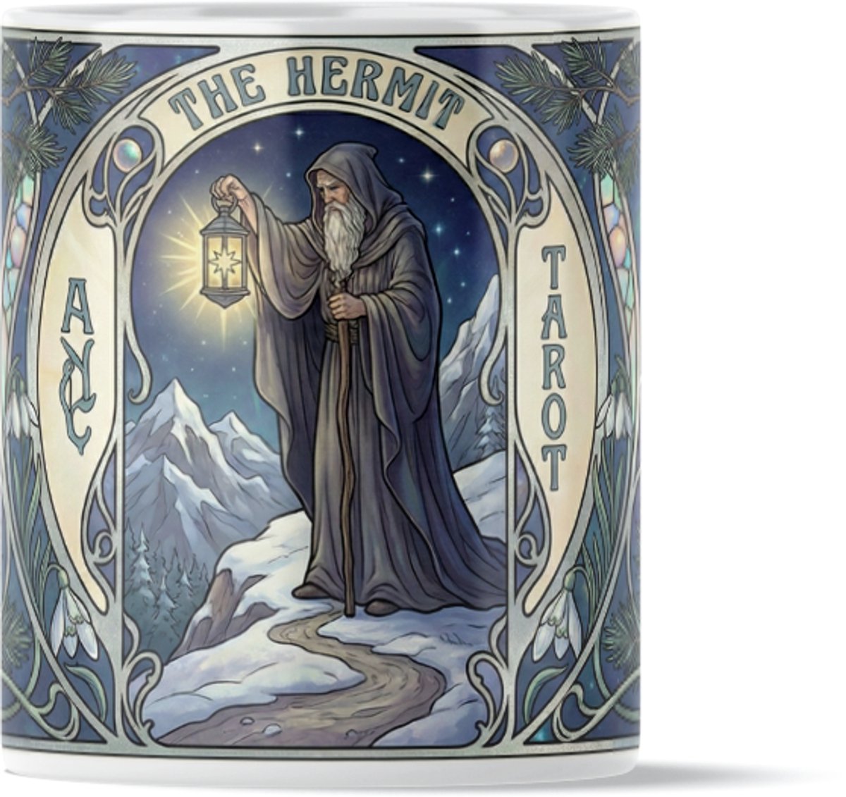 Mystieke Tarot Mok "The Hermit" (De Kluizenaar) - Art Nouveau Design met Wijze Uilen, Sneeuwklokjes & Sterrenhemel - Keramieken Beker - Spiritueel Cadeau met Wijze Uil & Sterrenhemel - Vintage Stijl Illustratie