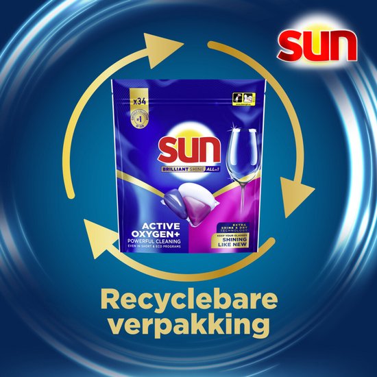 Sun - Vaatwascapsules - Brilliant Shine - All-in 1 -met Active Oxygen+ - 4 x 34 Stuks - Voordeelverpakking