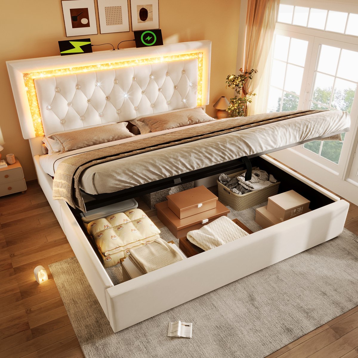 MIVRAY Gestoffeerd Bed 180x200cm - Tweepersoonsbed Met Ledverlichting En Usb Oplaadpunt - Met Hydraulische Opbergruimte - Fluweel - Beige - Zonder matras