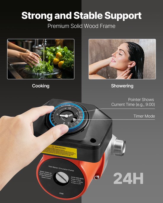 Warmwaterrecirculatiepomp met timer, debiet 38 l/min, circulatiesysteem 100 W, wisselstroom 220-240 V, aansluiting G3/4 naar G1/2, geschikt voor boilers en zonneboilers — afbeelding 4