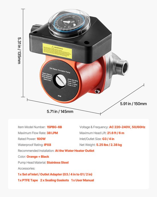 Warmwaterrecirculatiepomp met timer, debiet 38 l/min, circulatiesysteem 100 W, wisselstroom 220-240 V, aansluiting G3/4 naar G1/2, geschikt voor boilers en zonneboilers — afbeelding 2