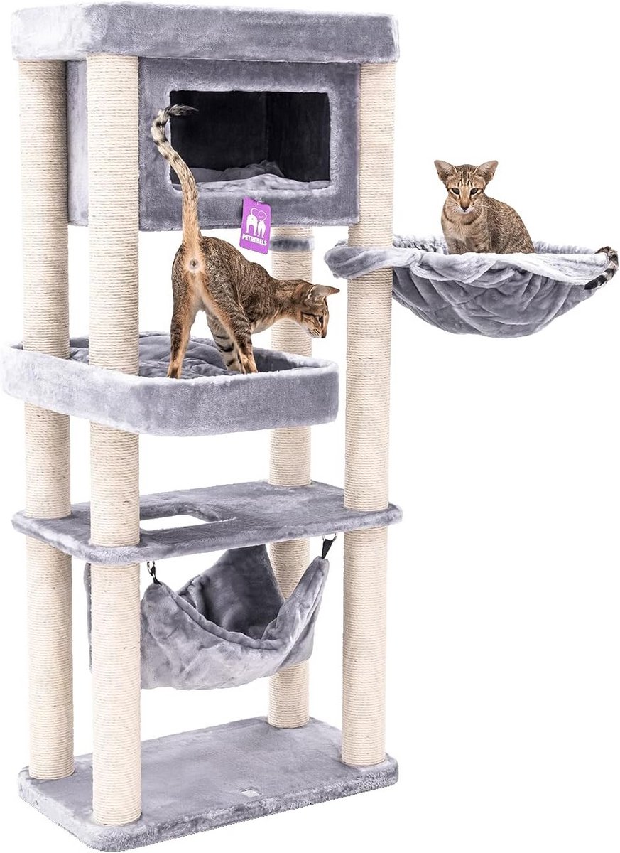 Krabpaal Mansion 150 cm Hoog met Hangmat, Slaaphuis en XL-Bank - Grijs