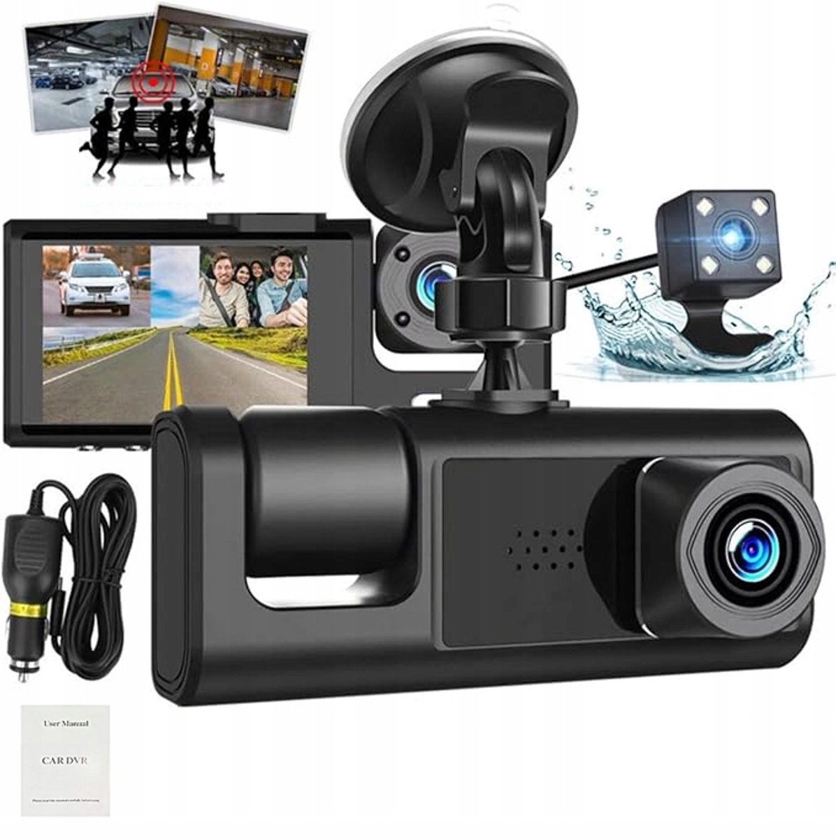 Dashcam Drievoudige Camera - Achteruitrijcamera met Touchscreen & 64GB SD-kaart - 1080P Full HD Parkeermodus