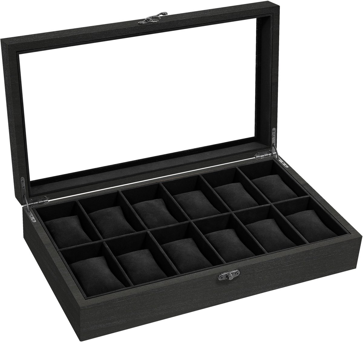 Uten Luxe Houten Horloge Doos - Horlogebox - Geschikt voor Heren en Dames - Horloge Opbergdoos - Glazen Deksel - 12 Vakken - Zwart