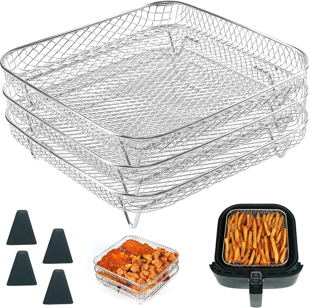 8-inch Vierkante Airfryer Rack 3 stuks Stapelbare Roestvrijstalen Dehydrator Rack met Siliconen Voeten Vierkante Airfryer Accessoires Geschikt voor Cosori 、Instant Vortex、Ninja Pro XL 6.5 QT AF181 en Meer