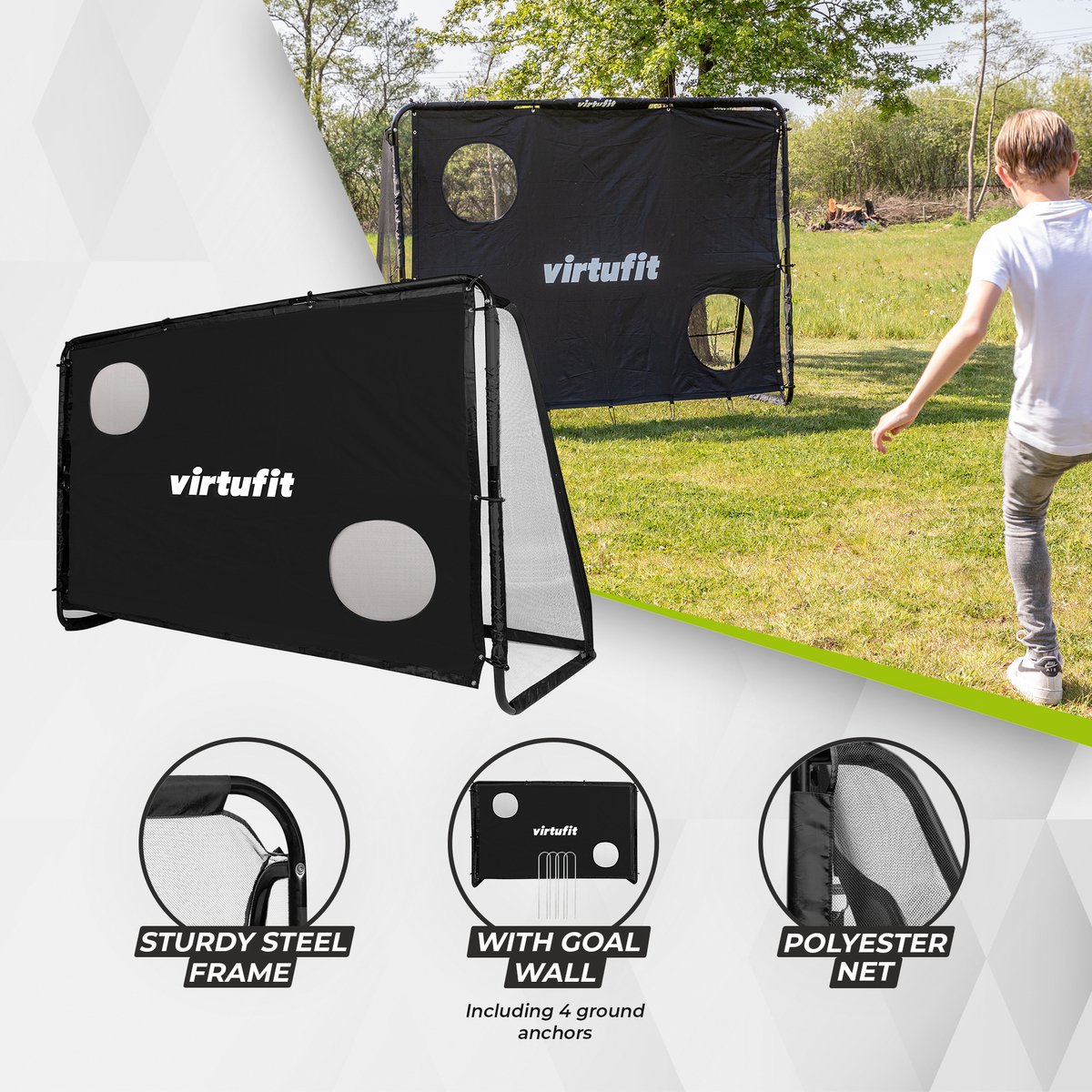 VirtuFit Voetbaldoel Pro met Doelwand - Voetbalgoal - 170 x 110 cm - Doelwand met 2 open zones - Snelle montage - Voetbaldoel met gatendoek - Inclusief 4 grondankers — afbeelding 5