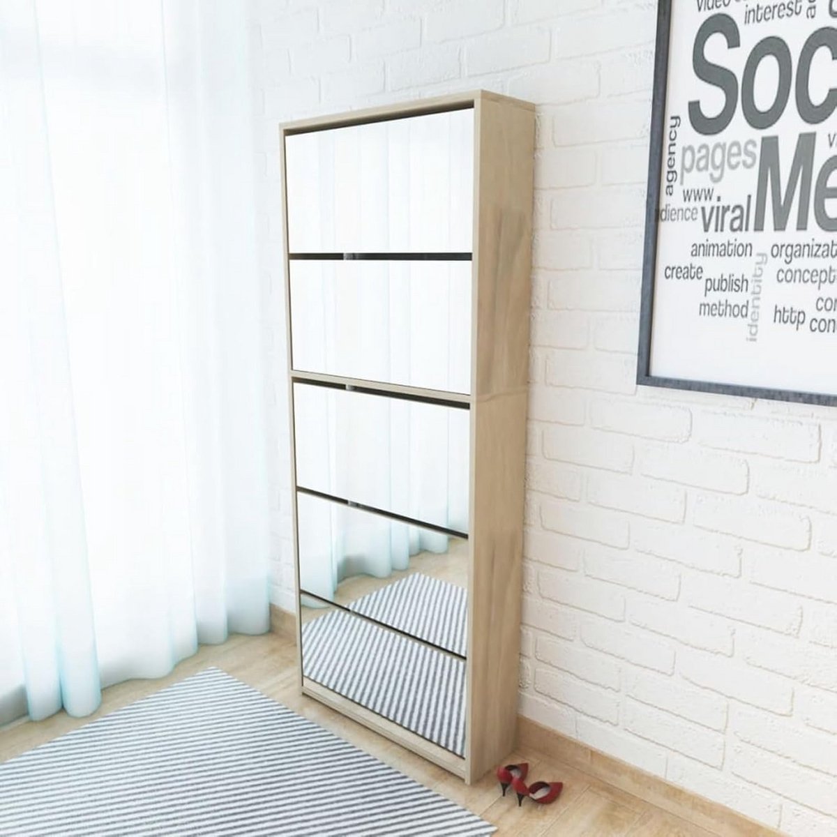 Slanke Schoenenkast met Spiegel - 5 Lades - Eiken - Voor Hal en Gang
