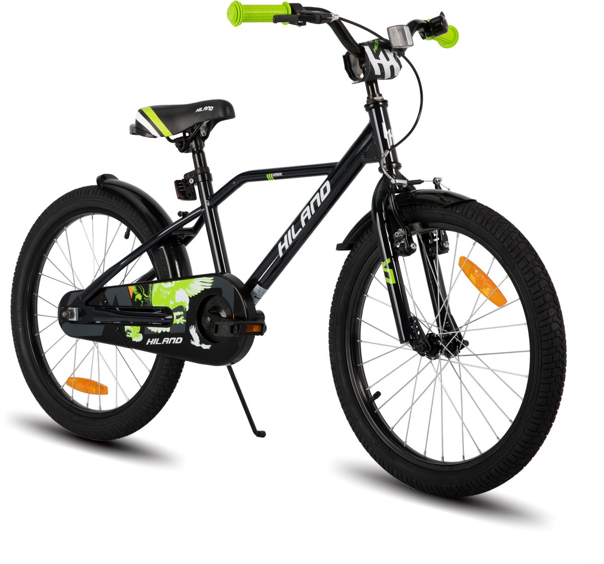 Hiland Stoere Jongensfiets - 20 Inch - Met Zijwieltjes & Standaard - Handrem & Terugtraprem - Zwart/Groen - Geschikt voor buitenactiviteiten in de lente