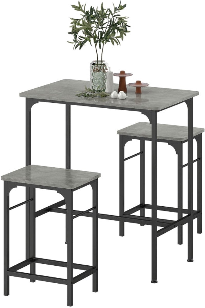 Merax Bartafel Set - Bartafel 80 X 50 Cm - 2 Barkrukken - Industrieel Design - Stalen Frame - Antislip Voetdoppen - Grijs