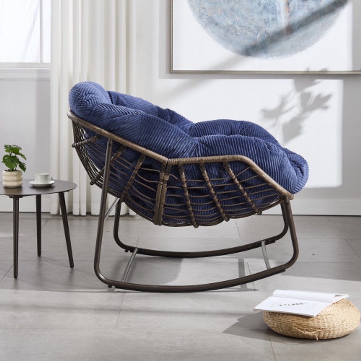 Buitenstaande Rotan Schommelstoel, Gestoelde Schommel Relaxfauteuil voor Buitengebruik - Voor Veranda, Woonkamer, Terras, Tuin, Donker Marineblauw