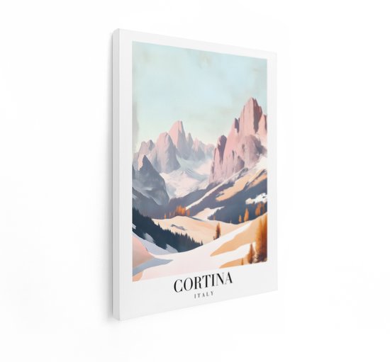 Canvas schilderij opzij bekeken, met een pastelkleurig berglandschap van Cortina, Italië.