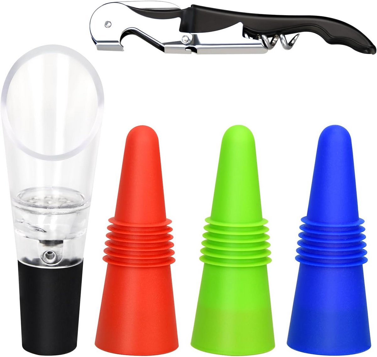 Complete Wijnaccessoires Set: 5x Wijnstopper, Wijnopener & Schenker
