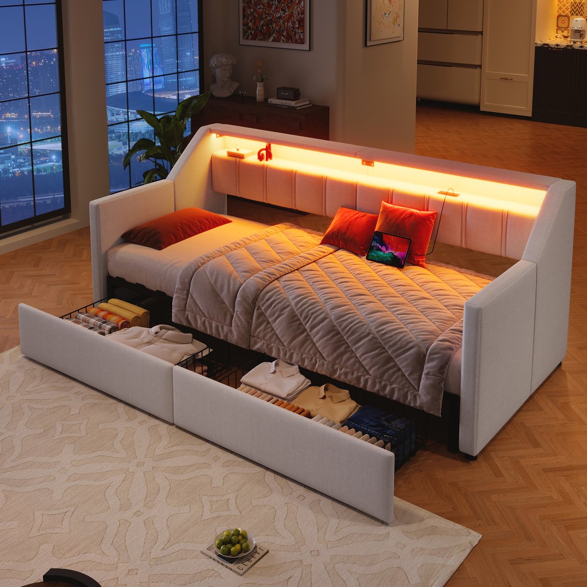 REDOM Slaapbank 90x200/180x200 cm – Uitschuifbaar Bed met LED, USB & Type-C – Met Opberglades en Tassen – Voor Kleine Ruimtes en Logeerkamer – Linnen & MDF – Beige