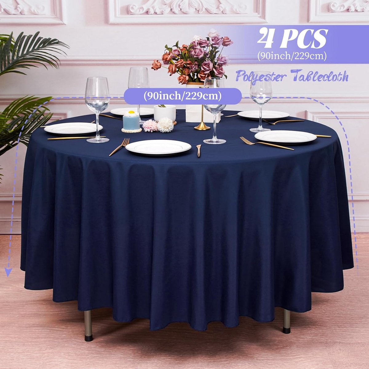 4x Rond Tafelkleed Marineblauw 229 cm - Waterdicht & Vlekbestendig Polyester
