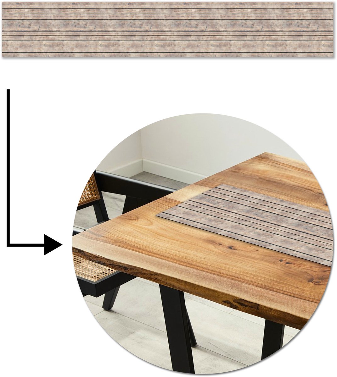 Tafelloper 180x30 cm - Tafelmat vinyl Brocante - Patronen - Hout - Planken - Tafeldecoratie - Tafelversiering - Keuken decoratie - Tafel versiering