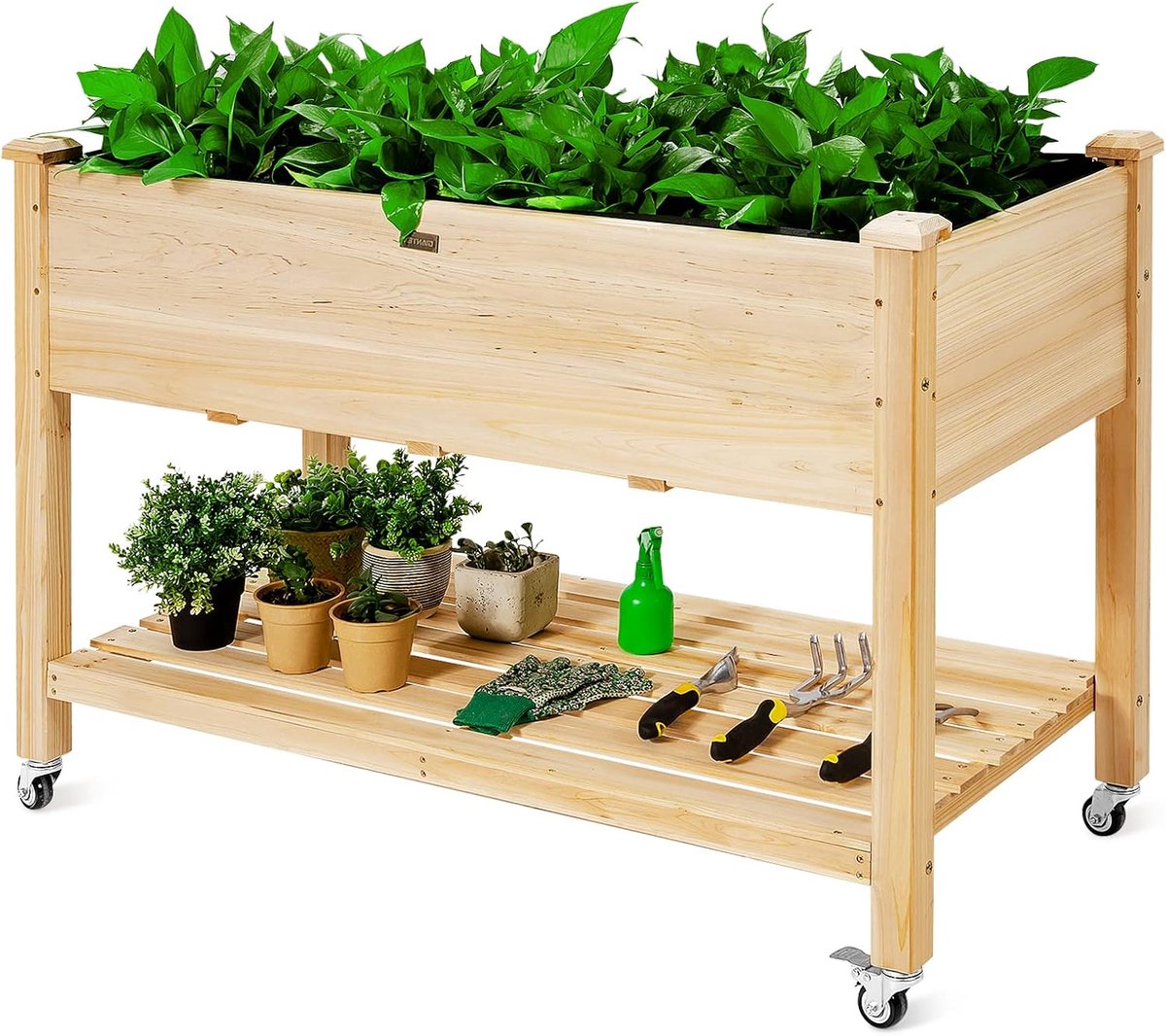 KOMFOTTEU Verhoogd bloembed met wieltjes, tuinbed met plank en afvoergaten, plantenbed van dennenhout voor tuin en terras, natuur (met wieltjes, 120x59x84 cm)