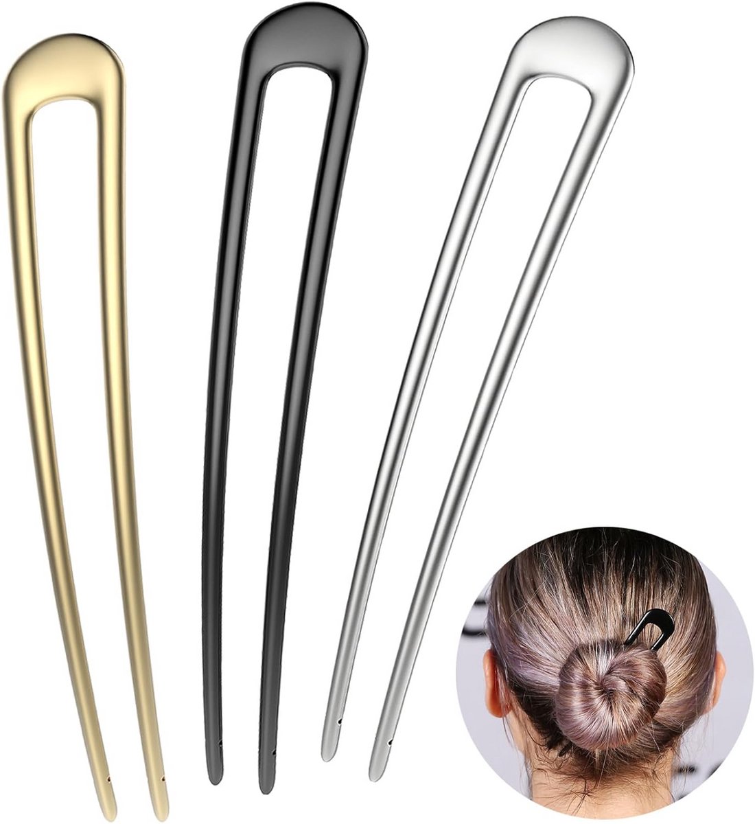 Set van 3 Luxe Metalen Haarvorken U-Vormig voor Chignon en Opgestoken Haar