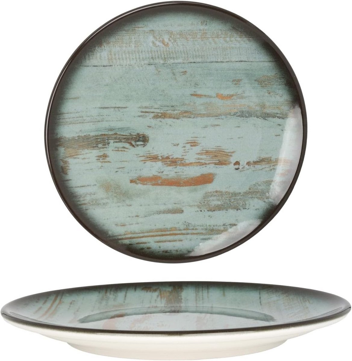 Dinerborden Porselein 27 cm - Set van 6 Stuks - Groen en Koper Kleuren