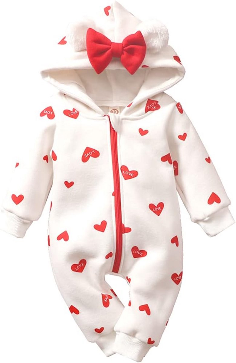 Warme Baby Meisje Jumpsuit met Capuchon - Dikke Winter Romper met Aardbeienprint - Fleece Sneeuwpak